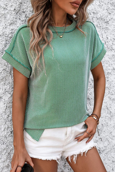Striped Round Neck Short Sleeve T-Shirt-Green-S-Teal Daisy Womens Boutique