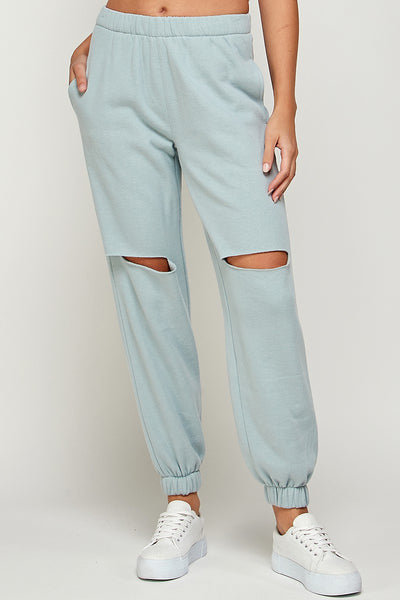 Fleece Knee Slit Jogger-Slate Blue--Teal Daisy Womens Boutique