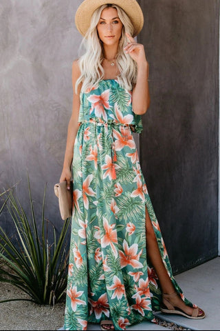 Slit Tropical Sleeveless Tube Dress-Floral-S-Teal Daisy Womens Boutique