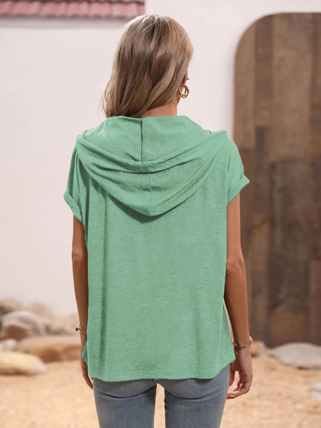 Half Button Hooded Short Sleeve Blouse--Teal Daisy Womens Boutique