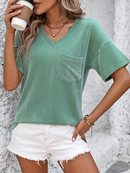 V-Neck Dropped Shoulder T-Shirt--Teal Daisy Womens Boutique