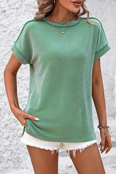 Striped Round Neck Short Sleeve T-Shirt--Teal Daisy Womens Boutique