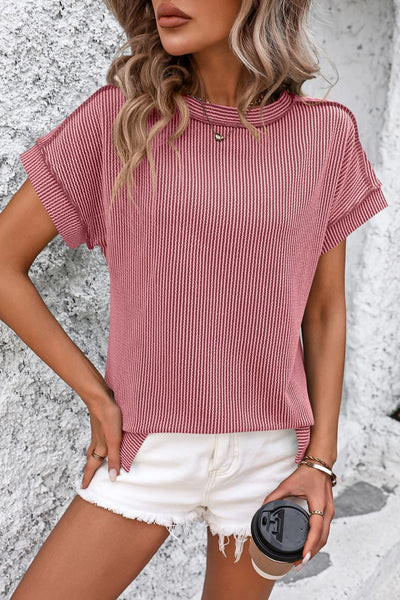 Striped Round Neck Short Sleeve T-Shirt-Deep Rose-S-Teal Daisy Womens Boutique