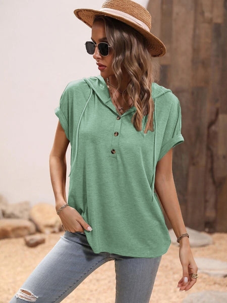 Half Button Hooded Short Sleeve Blouse-Gum Leaf-S-Teal Daisy Womens Boutique