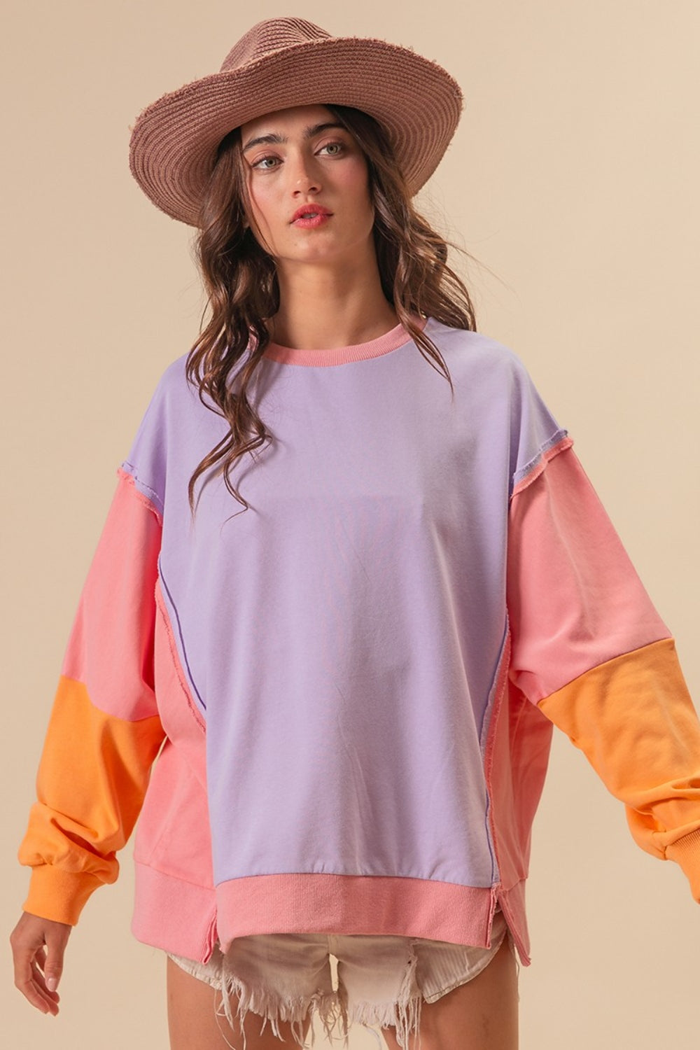 Washed Color Block Sweatshirt-Laven/Pink/Apricot-S-Teal Daisy Womens Boutique