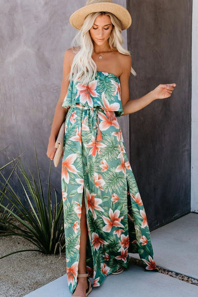 Slit Tropical Sleeveless Tube Dress--Teal Daisy Womens Boutique