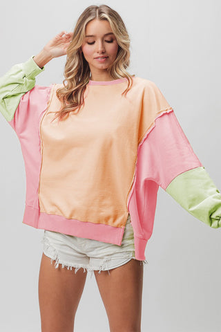 Washed Color Block Sweatshirt-Apricot/Pink/Sage-S-Teal Daisy Womens Boutique