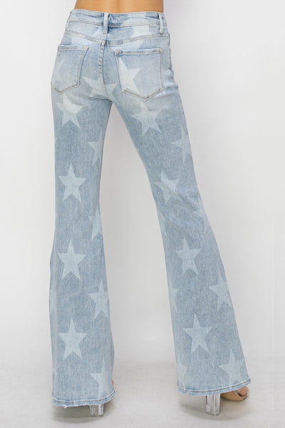 RISEN Mid Rise Button Fly Start Print Flare Jeans--Teal Daisy Womens Boutique