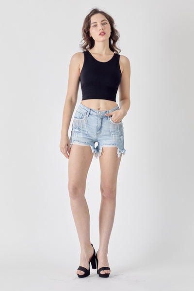 Frayed Hem Denim Shorts with Fringe Detail Pockets--Teal Daisy Womens Boutique